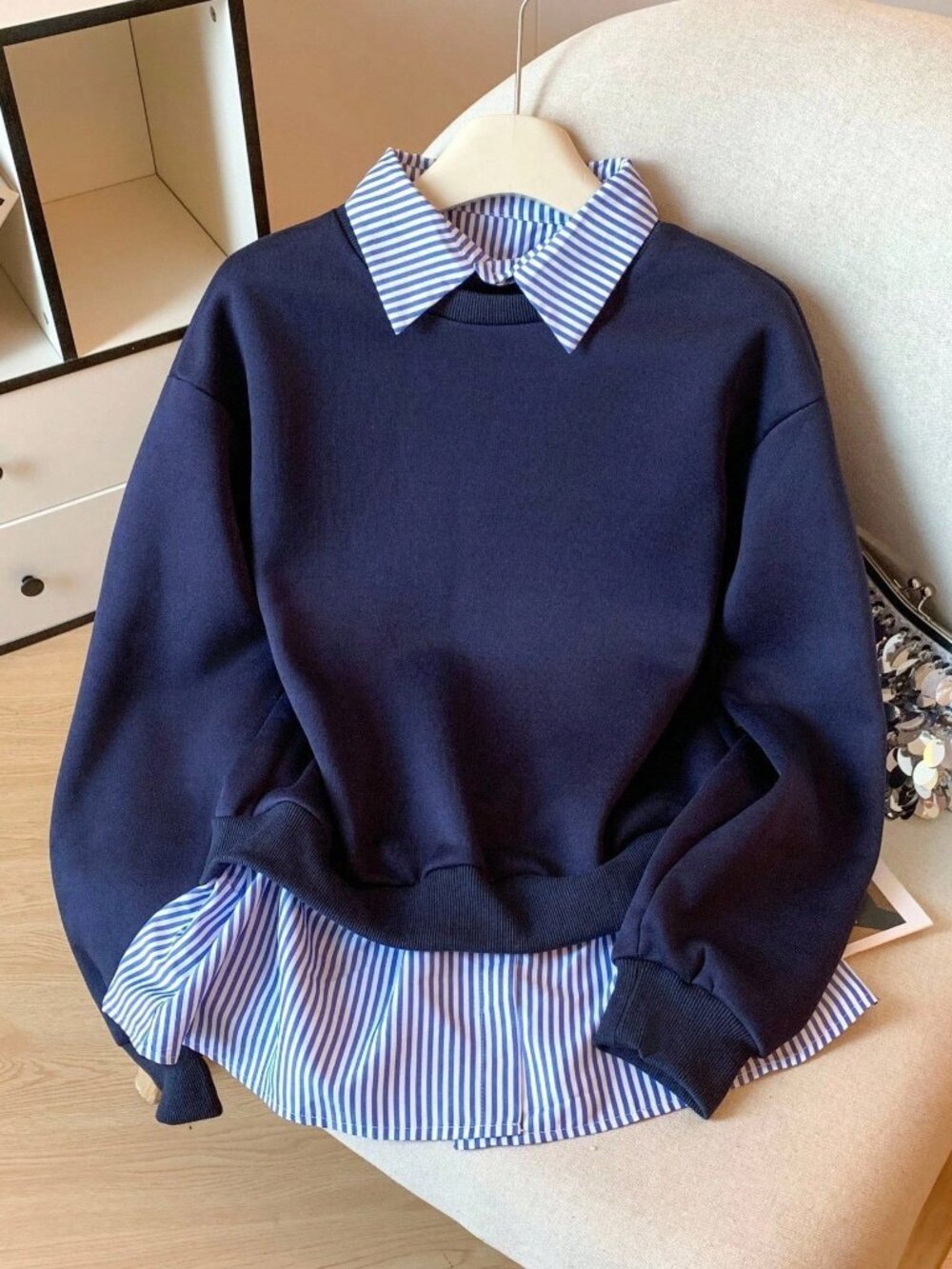 Multicolor Casual Women's Striped Patchwork 2 In 1 Long Sleeve Sweatshirt